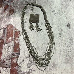 Chico’s Silver Multilayer Beaded Chain Necklace & Fringe Earring Set